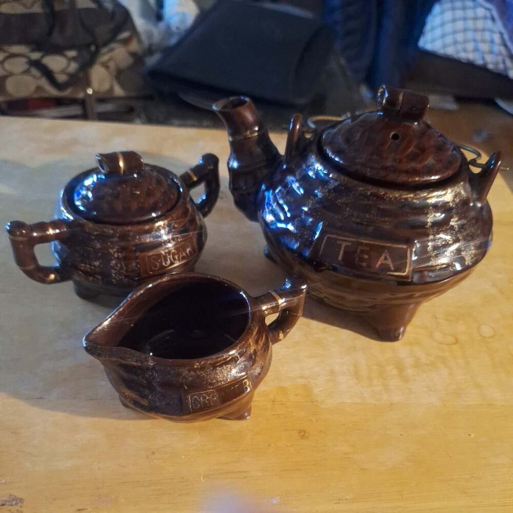 Vintage Brown Glazed Red Clay Japanese Teapot, Creamer and lidded Sugar set